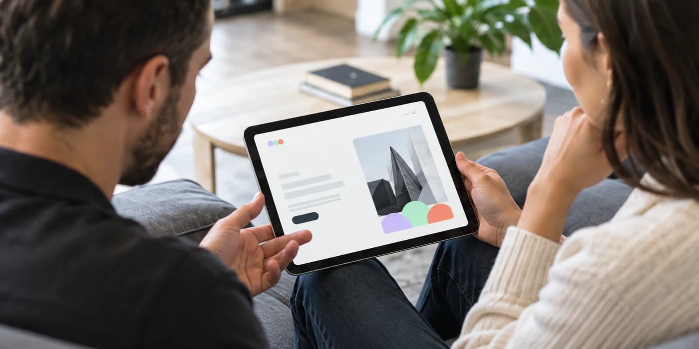 Two people looking together at a business website on a tablet.